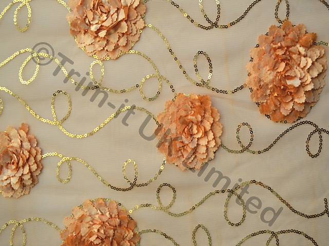 3D Carnation & Sequin Swirl on 2 Way Give Net - Gold