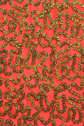 Bling Sequin Swirl On Two Way Stretch Net - Flame Red/Yellow Hologram