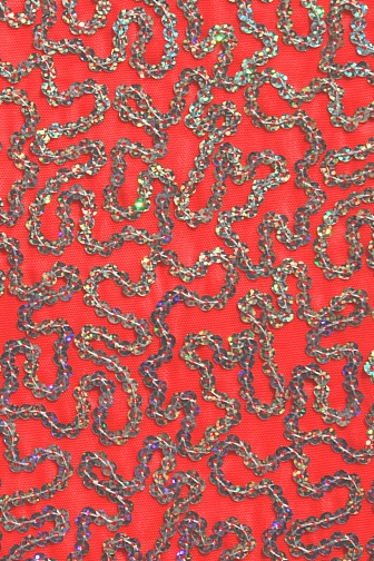 Bling Sequin Swirl On Two Way Stretch Net - Flame Red/Silver Hologram