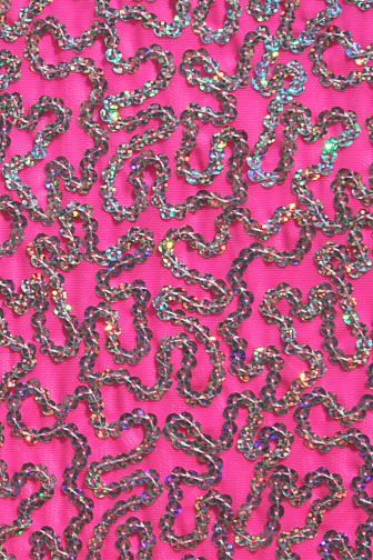 Bling Sequin Swirl On Two Way Stretch Net - Neon Cerise/Silver Hologram