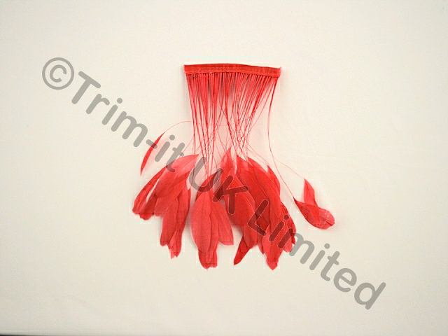 20cm Stripped Coque Feather Fringe 10cm piece - Neon Red