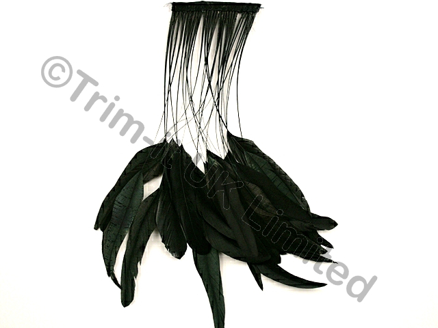 35cm Stripped Feather Coque Fringe 10cm piece - Oil Black