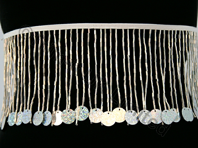 Stretch 10cm Bead Fringe With 14mm Sequin Disc - Silver AB