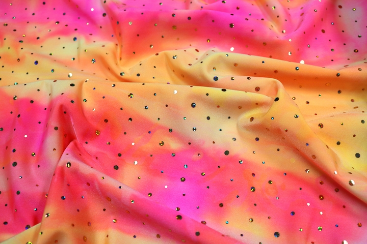 Tie Dye with Holo.Foil Sequin Lycra - Neon Cerise/Sunrise/Flo.Orange